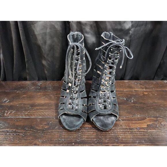 Vince Camuto Fionna Black Suede Lace-Up Open Toe High Heel Booties/Sz. 8M - Picture 5 of 9